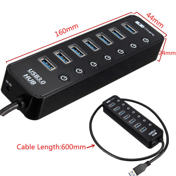 7 Ports USB 3.0 Hub Splitter LED Adapter Charging Port Switch
