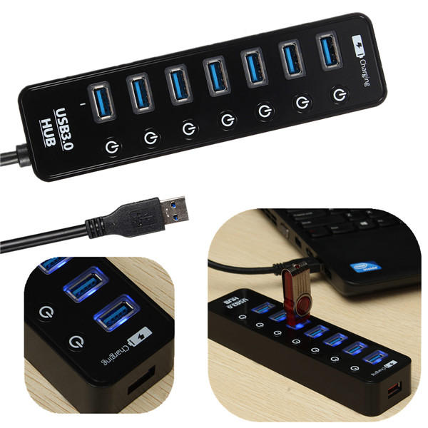 7 Ports USB 3.0 Hub Splitter LED Adapter Charging Port Switch