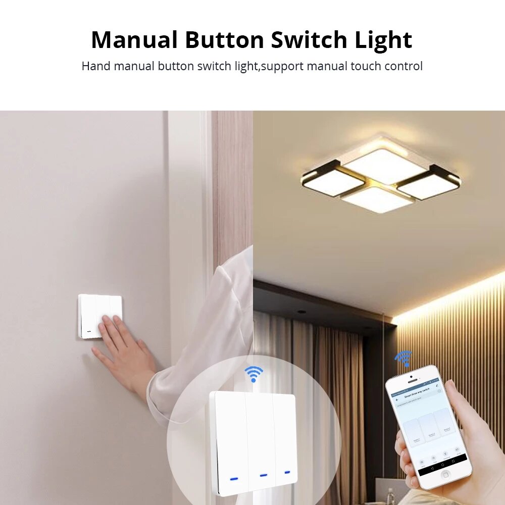 Wall Push Button Switch Voice Control Light Switches No Neutral Wire Physical Switches Work with Alexa Google Home