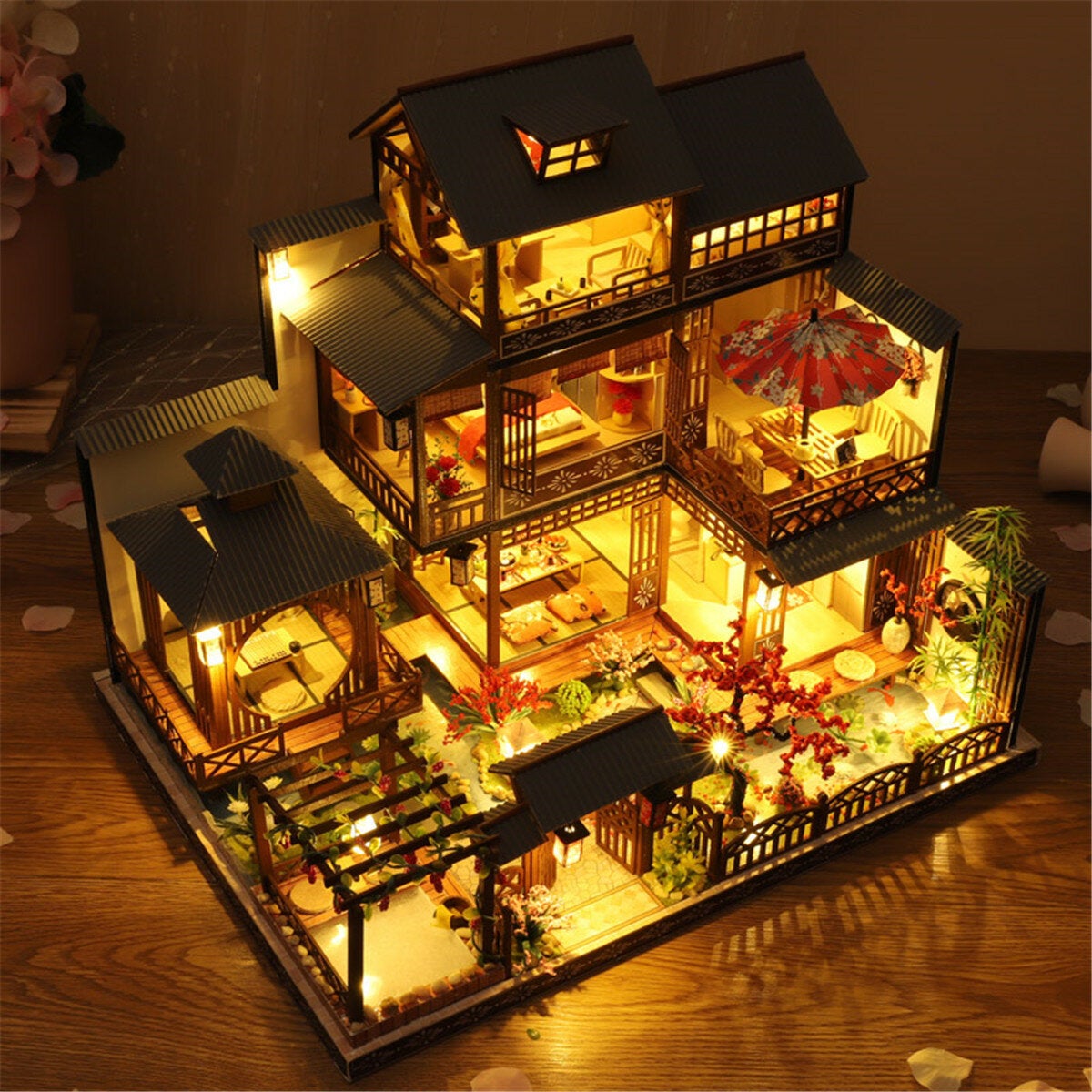 Wooden DIY Japanese Villa Doll House Miniature Kits Handmade Assemble Toy with Furniture LED Light for Gift Collection Home Decor