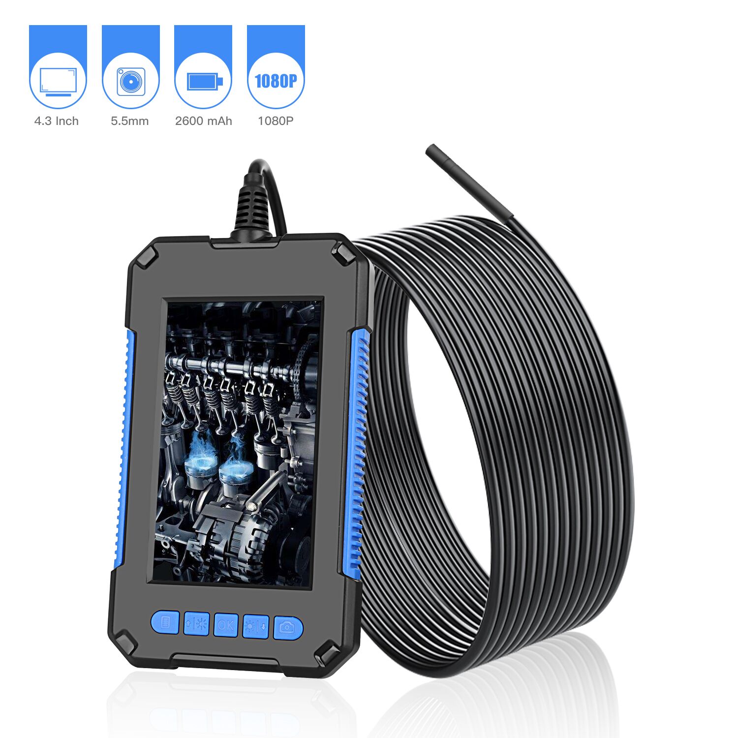 1080P HD Digital Borescope With 6 LED Lights and 16.5FT Semi-Rigid Cable