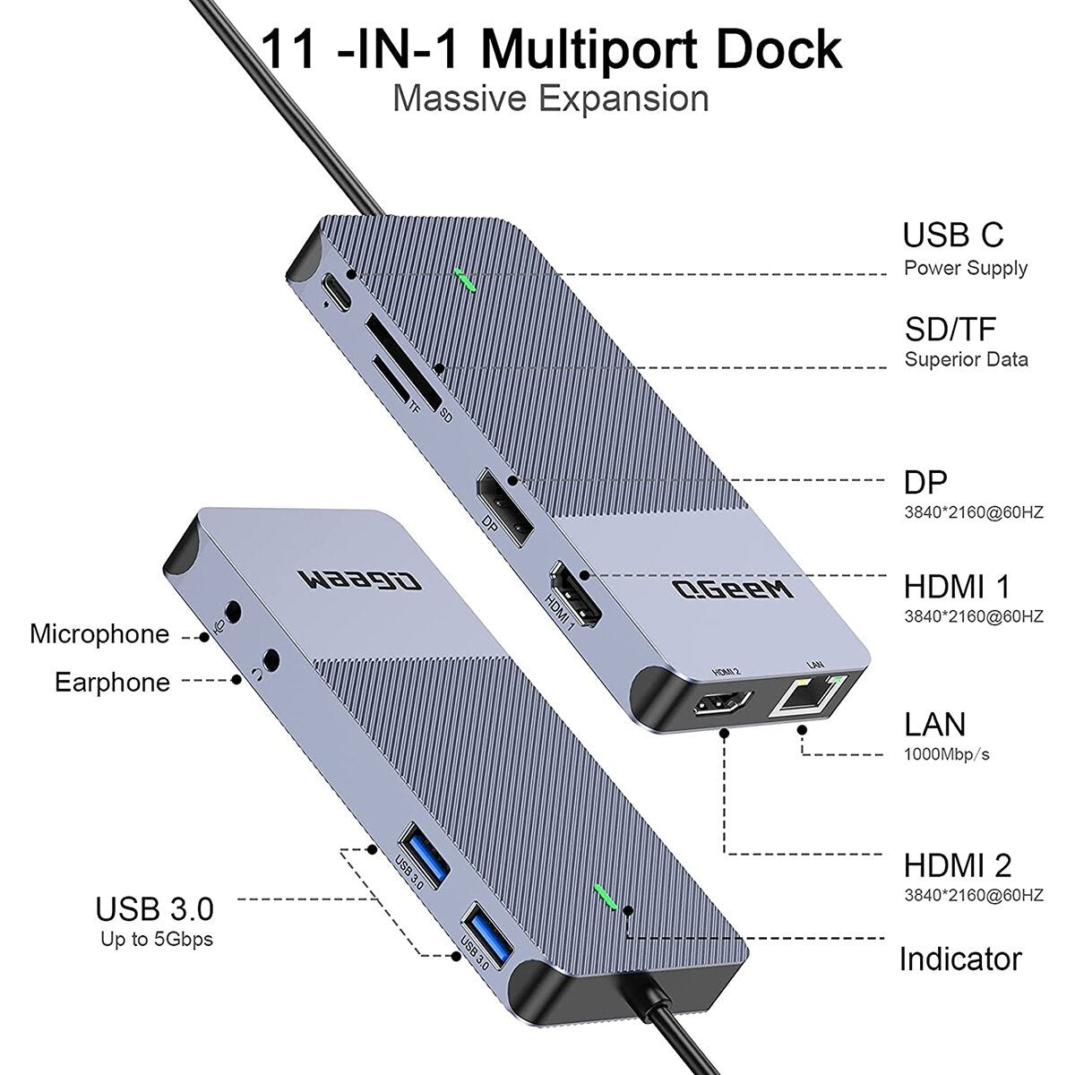 11 In 1 USB Type-C Hub Docking Station Adapter With Dual 4K HDMI Display Display Port