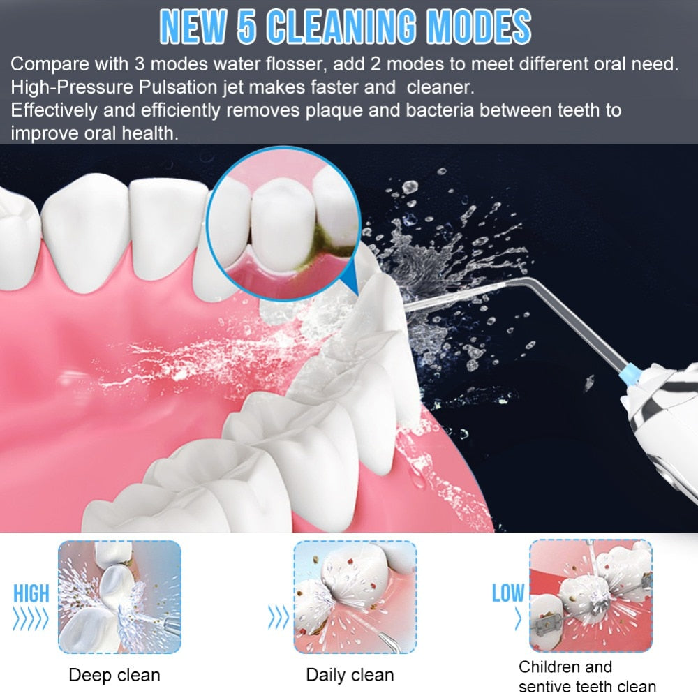 5 Mode Portable Oral Irrigator 300ml Dental Water Flosser Jet USB Rechargeable Floss Teeth Cleaner