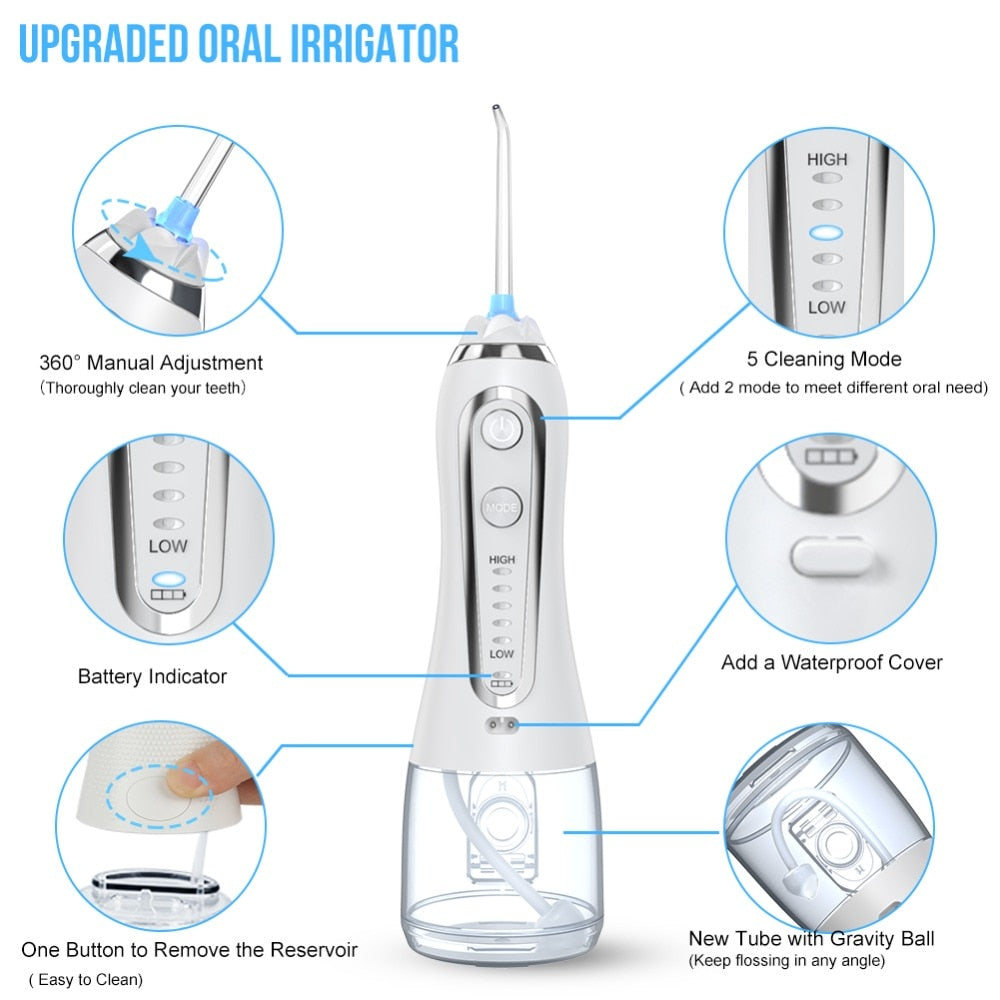 5 Mode Portable Oral Irrigator 300ml Dental Water Flosser Jet USB Rechargeable Floss Teeth Cleaner