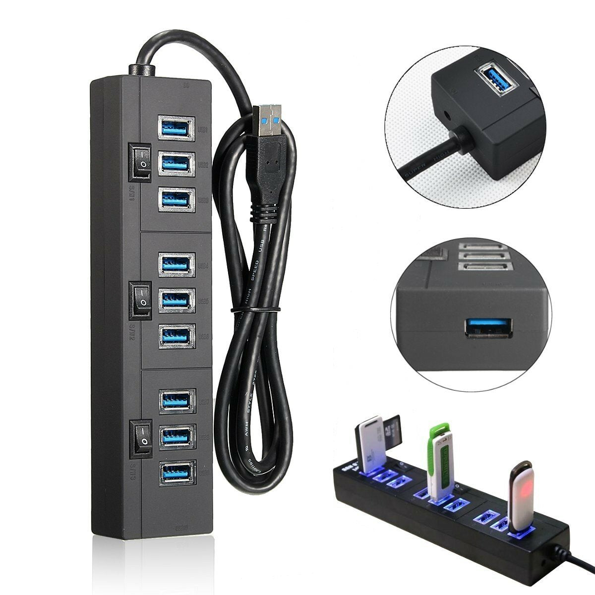 10 Port 3.0 USB Hub Adapter Charger with Switch For Computer PC Laptop iPhone XS 11Pro Mi10 9Pro Note 9S