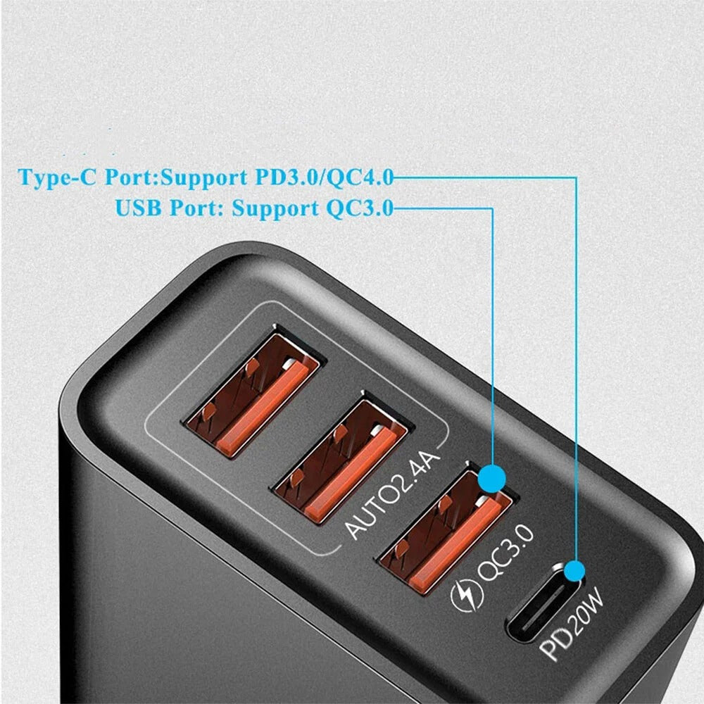 30W 4-Port USB PD Charger, Fast Charging, EU Plug for iPhone, Hui, Oppo, Samsung