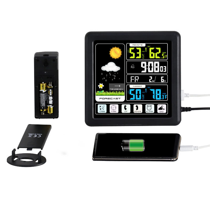 Full Touch Screen Wireless Weather Station Multi-function Color Screen Indoor and Outdoor Temperature Humidity Meter Clock