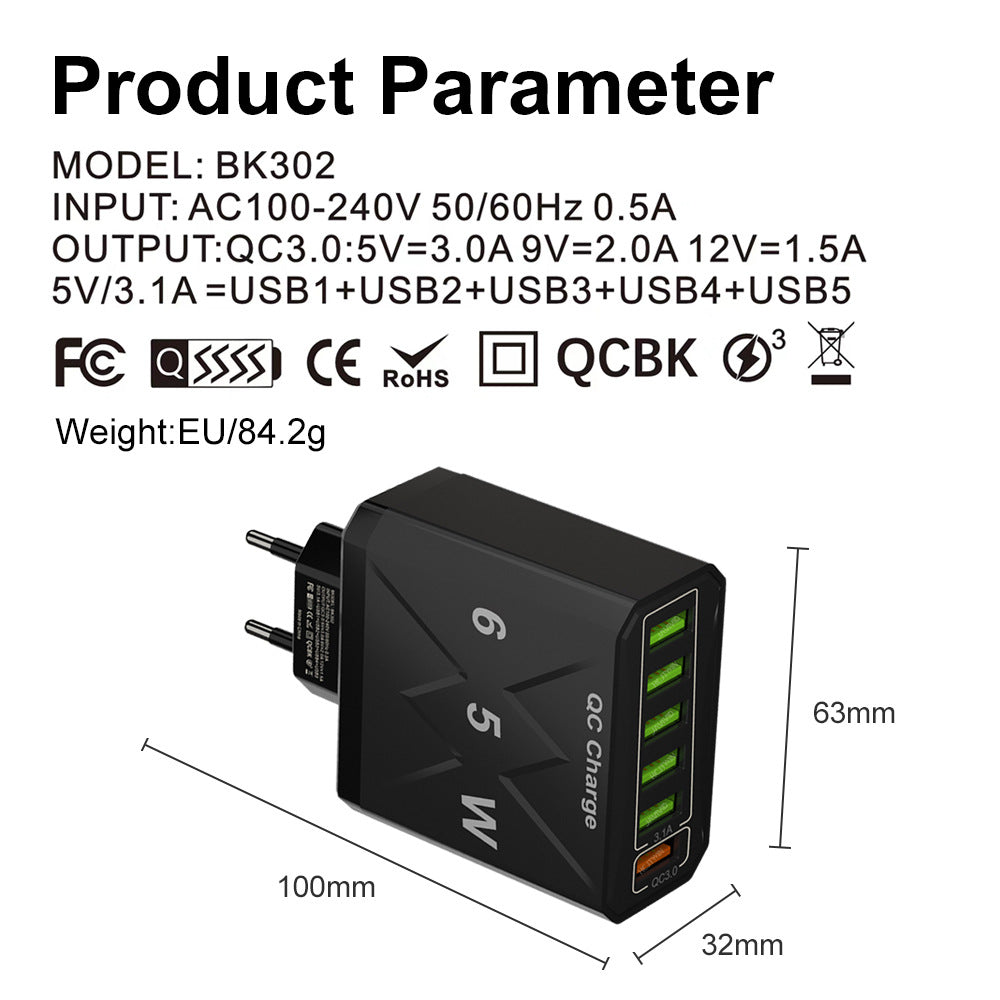 65W 6-Port USB Charger, QC3.0 Fast Charging Adapter for iPhone, Samsung, Hui, Oppo, Redmi