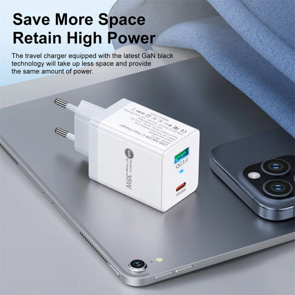 35W GaN USB PD Charger, 2-Port USB-A/USB-C, Fast Charging, EU Plug for iPhone, Xiaomi, Hui, Samsung