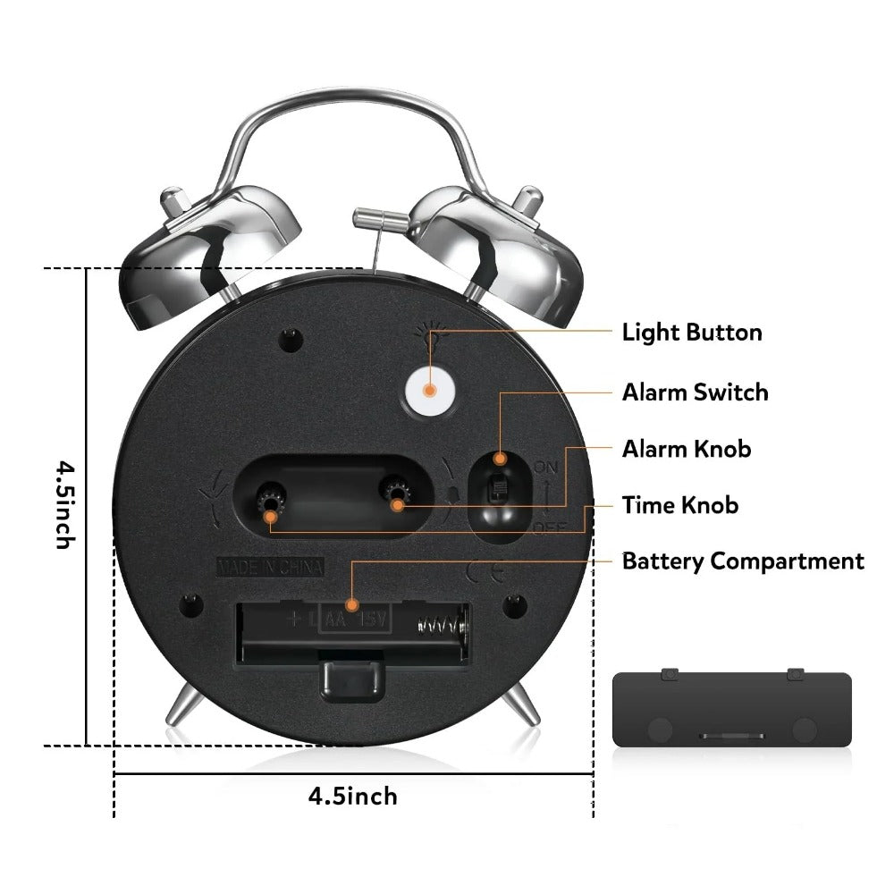 4-Inch Twin Bell Loud Alarm Clock for Heavy Sleepers - Silent, Non-Ticking Quartz with Backlight