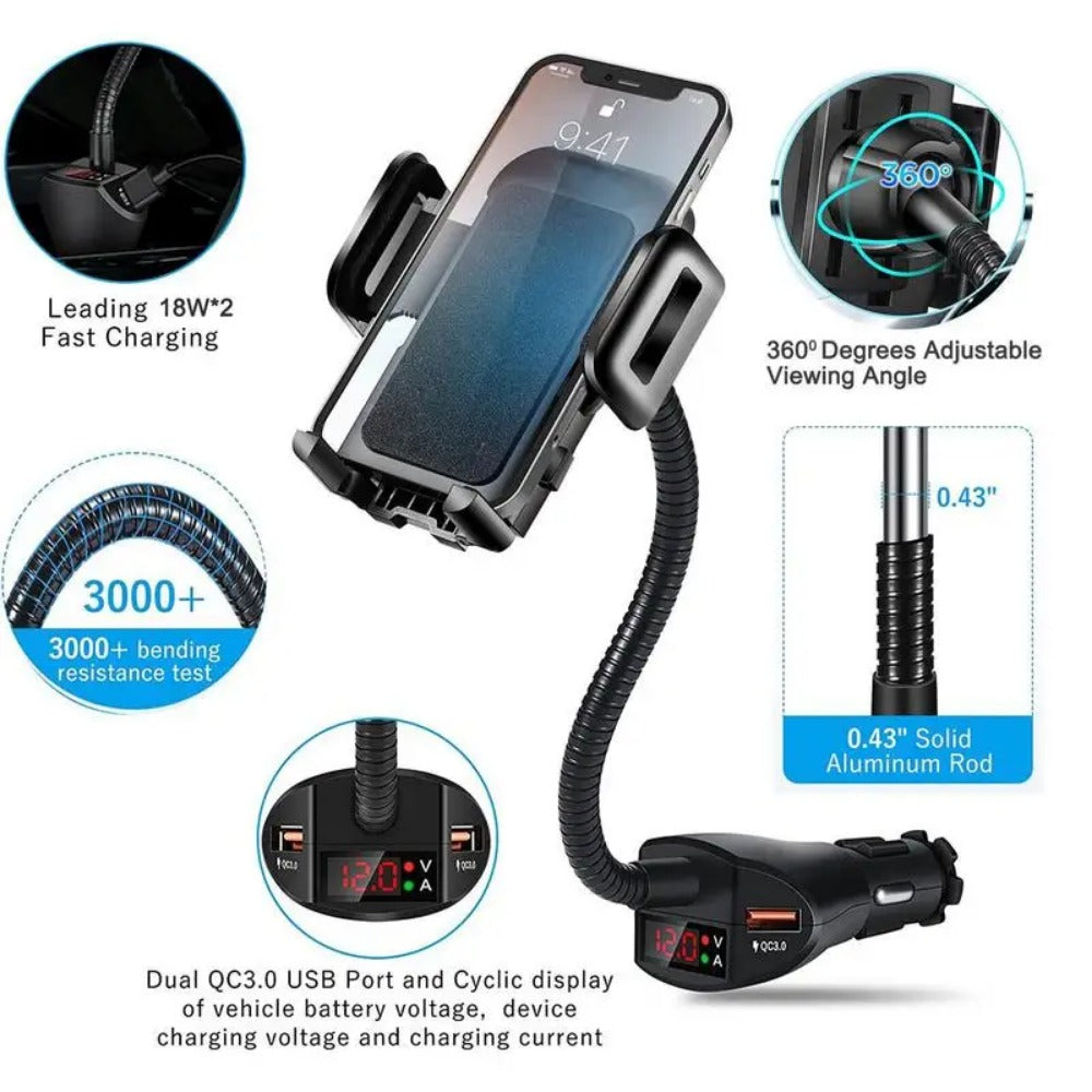 3-in-1 Car Cigarette Lighter Phone Holder & Dual USB Charger with Voltage Detector