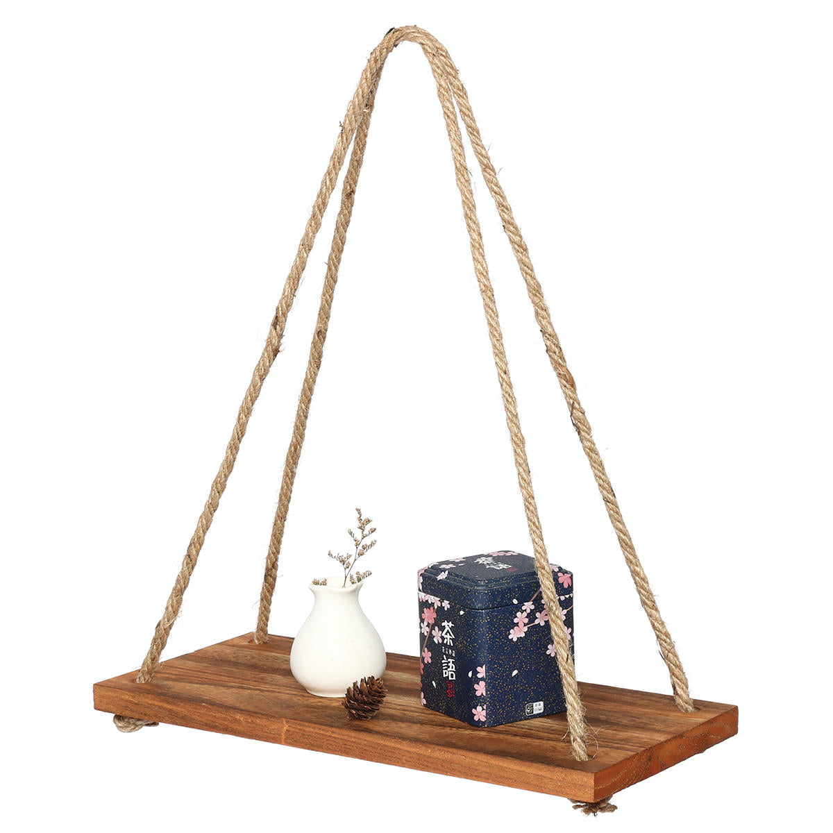 1/2/3Tier Wooden Wall Mounted Rope Floating Storage Shelf Kitchen Rack Hanging Shelves Holder