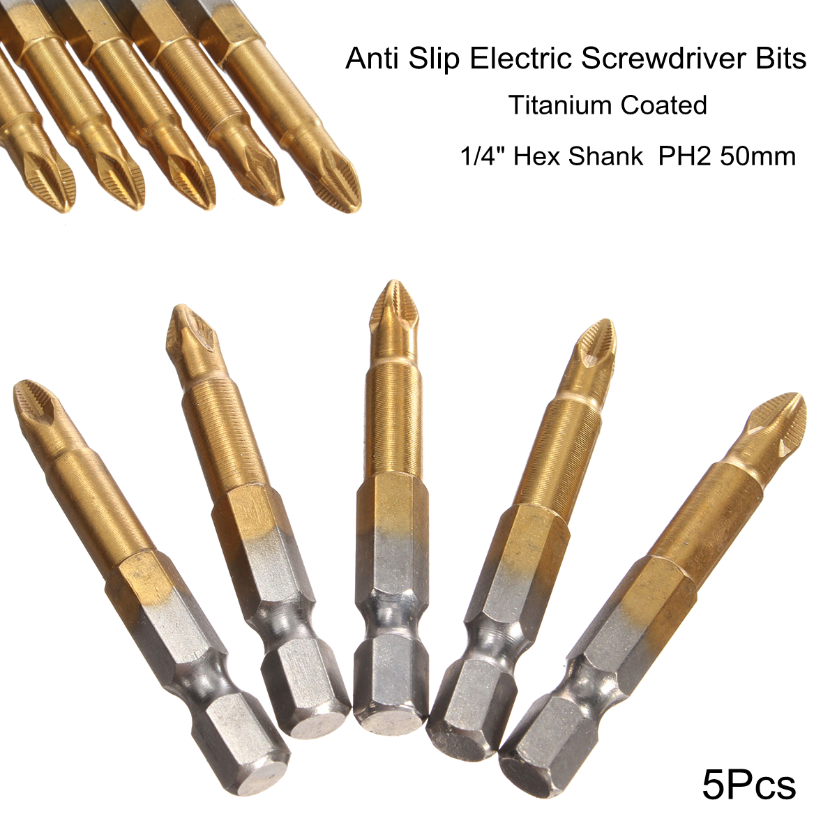 5pcs 50mm Titanium Coated 1/4 Inch Hex Shank PH2 Magnetic Anti Slip Electric Screwdriver Bit Set