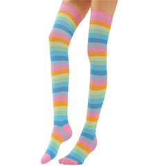 1 X Pair Womens Striped Thigh Knee High Long Rainbow Girls Socks Stocking