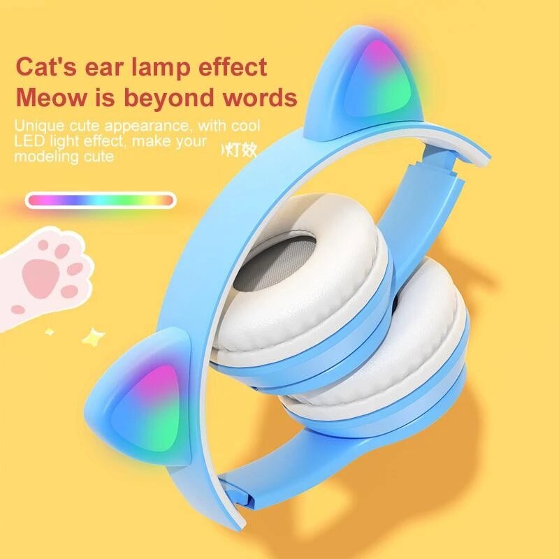 Bluetooth 5.0 Headset Luminous Cat Ear Wireless LED Light Mobile Phones Headphone Stereo Music Headphones Headset for PC