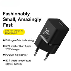 GaN5 20W USB-C PD Charger Fast Charging Adapter EU Plug for iPhone, Hui, Samsung, Xiaomi