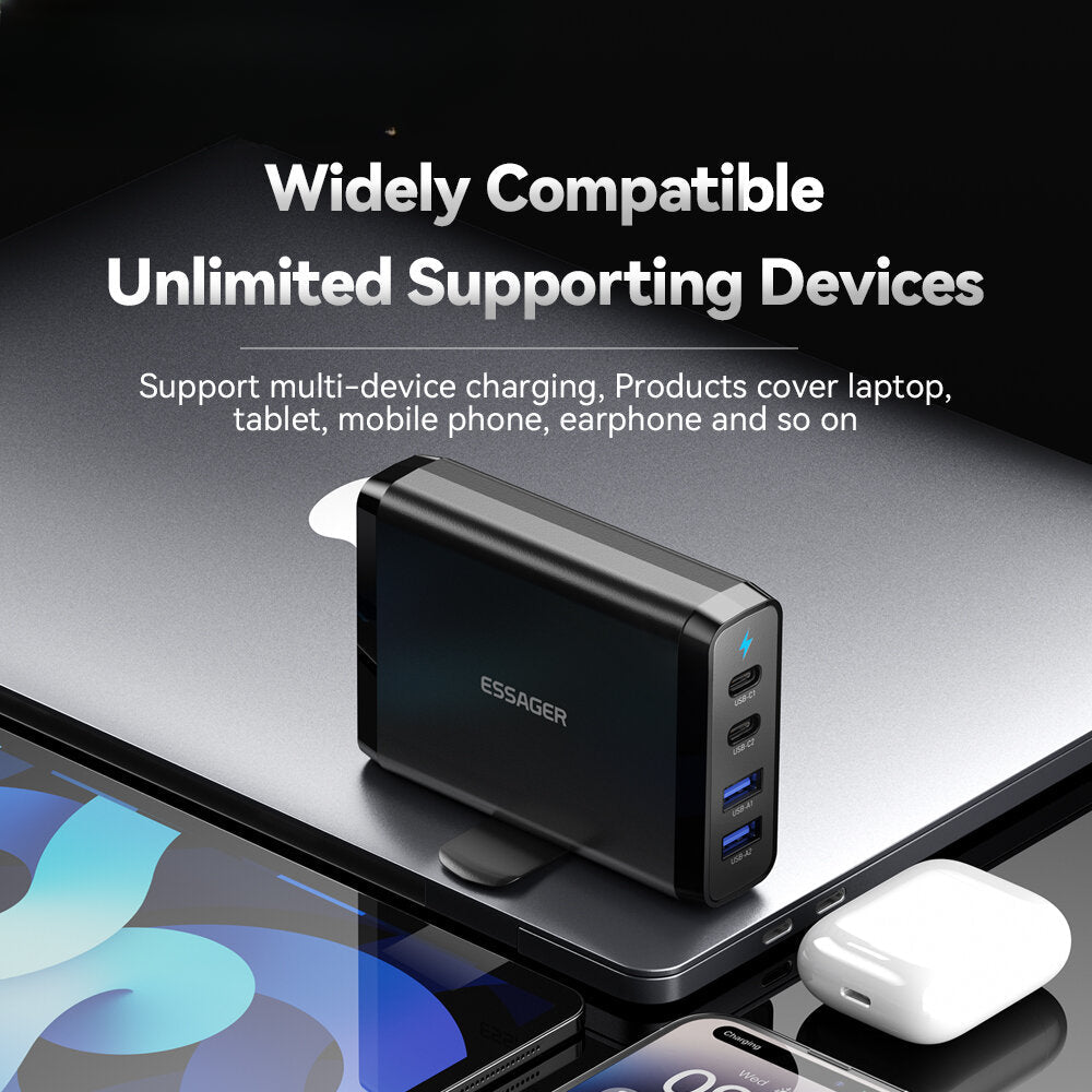 100W GaN 4-Port USB PD Charger: 2 USB-C + 2 USB-A Fast Charging Adapter for iPhone, Samsung, Hui, Oppo