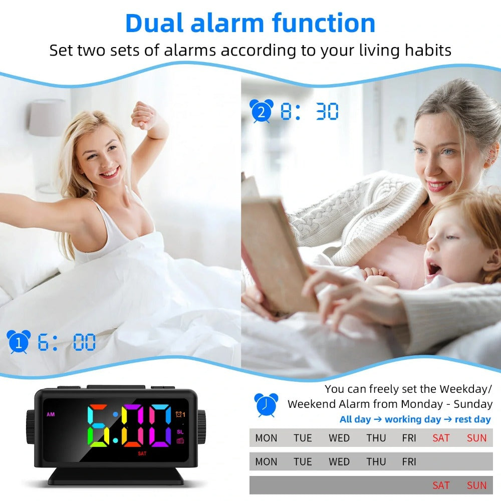 RGB Digital Alarm Clock with FM Radio, Dual Alarms, Snooze, Dynamic Display, 12/24H, Date, USB Charging - Ideal for Home & Office