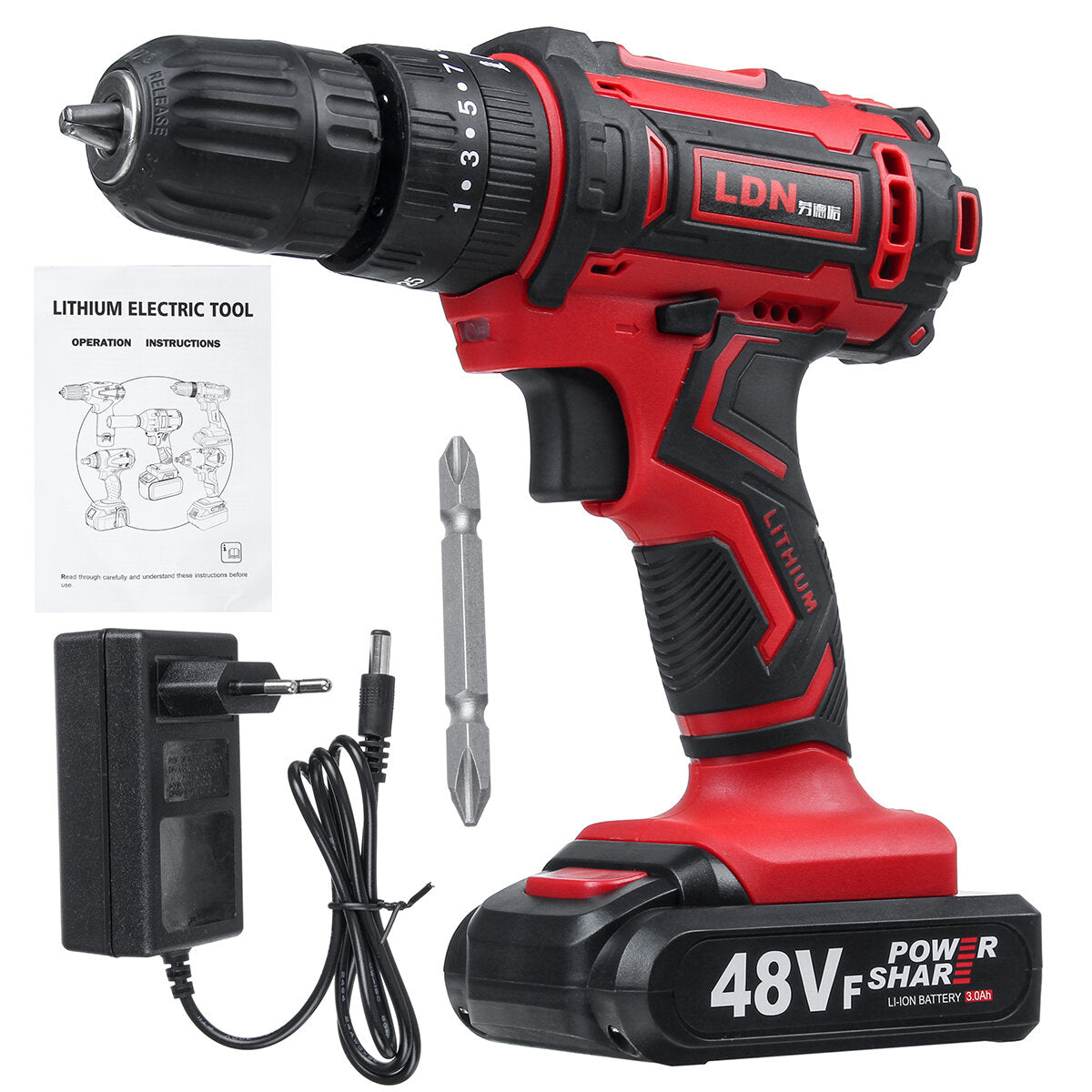 48VF Cordless Electric Impact Drill Rechargeable Drill Screwdriver W/ 1 or 2 Li-ion Battery