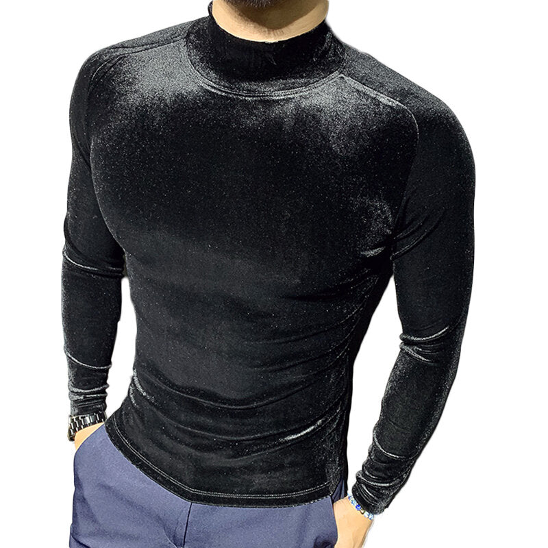 Mens High Neck Velvet Long Sleeve Muscle Slim Autumn Winter Warm T-shirt Sport Gym Hiking Tops Blouse