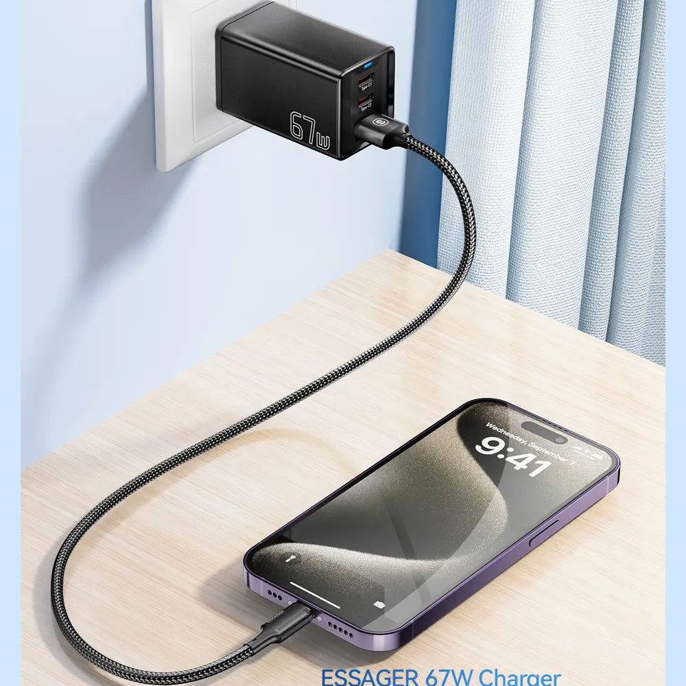 67W GaN 3-Port USB PD Charger: 2 USB-C + USB-A Fast Charging Adapter for iPhone, Hui, Samsung