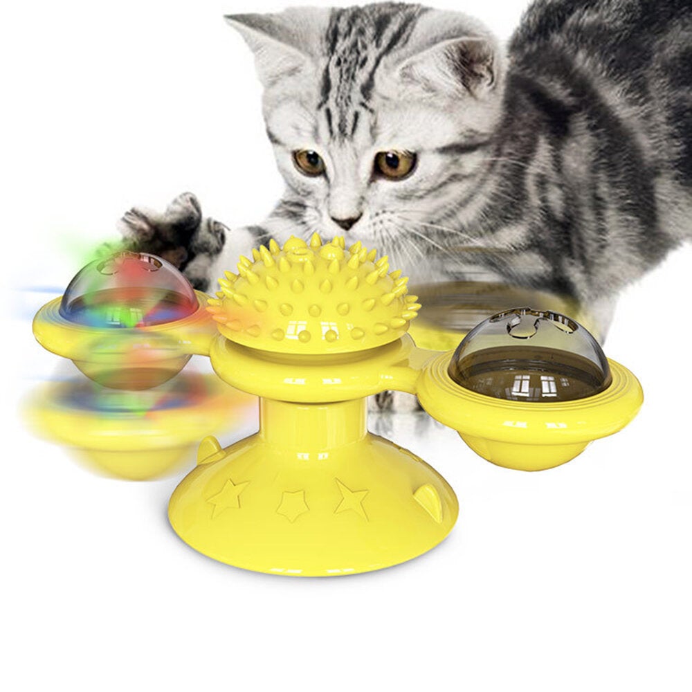 Pet Interactive Puzzle Training Cat Toy Turn Around Windmill Turntable With LED Ball And Catnip Ball Tease Pet toy Scratching itching Cat Brush