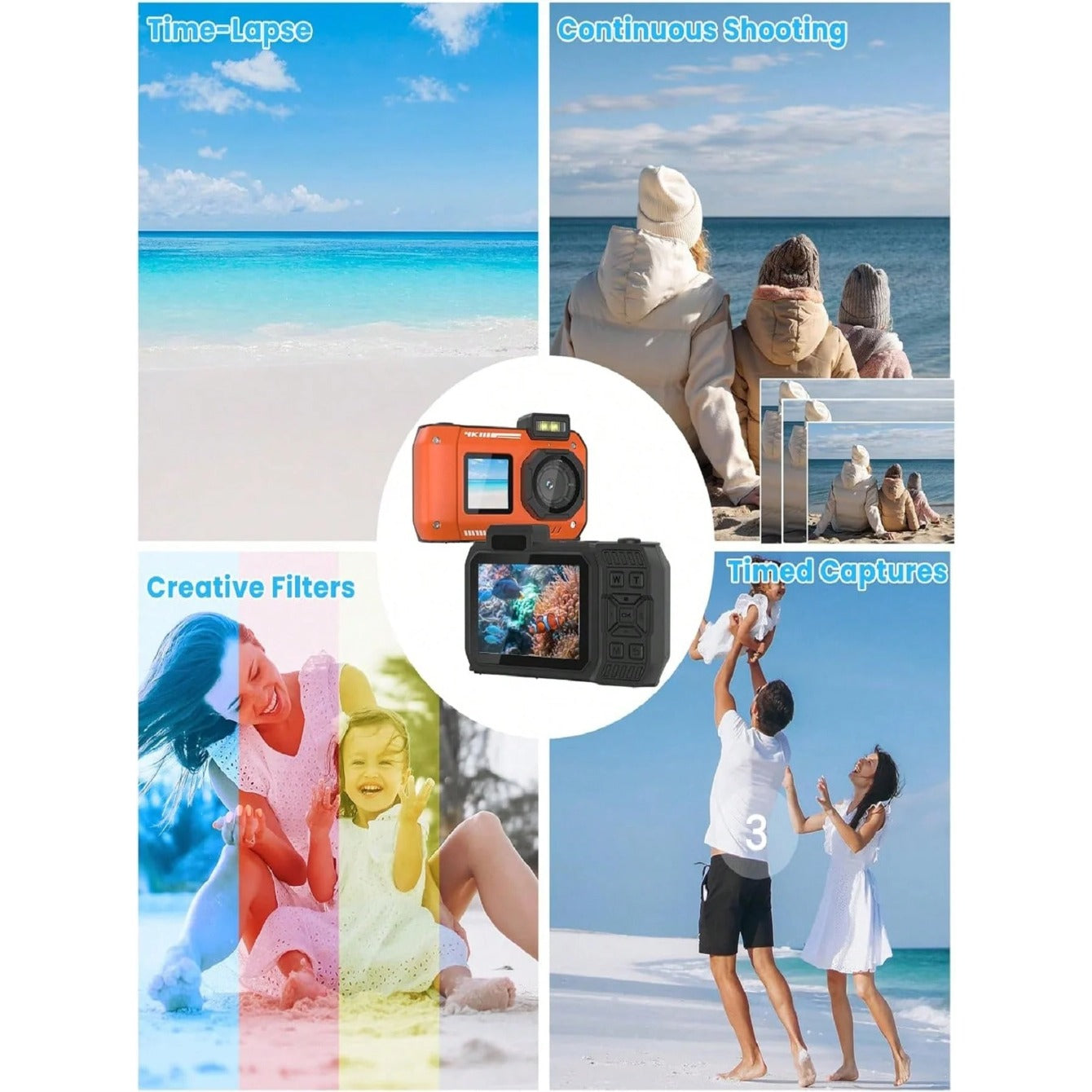 4K 33FT Waterproof Digital Camera, 65MP Autofocus Dual-Screen, 64GB Card, Type-C