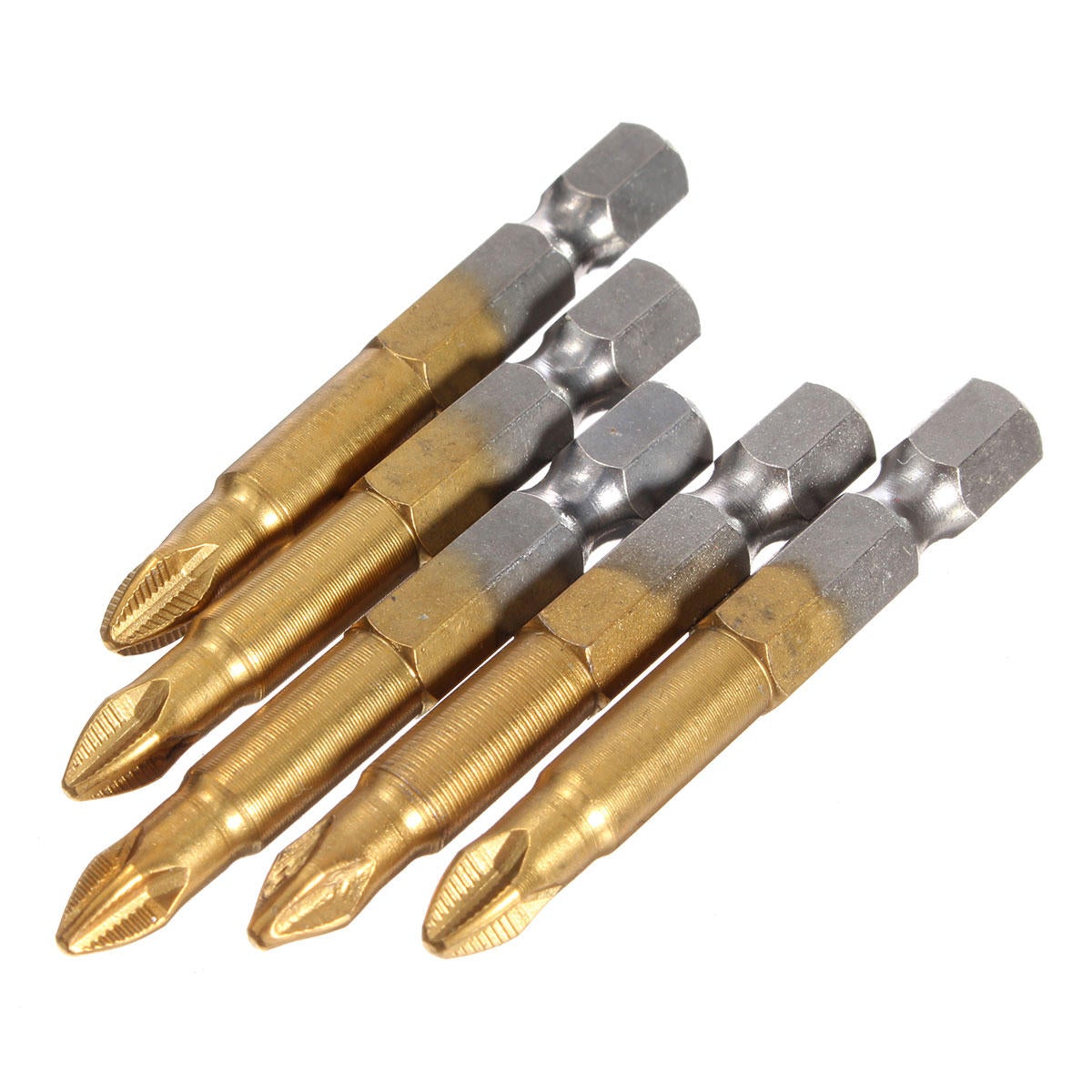 5pcs 50mm Titanium Coated 1/4 Inch Hex Shank PH2 Magnetic Anti Slip Electric Screwdriver Bit Set