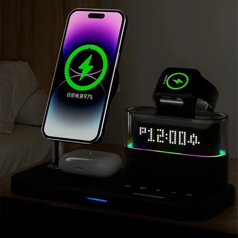 5-in-1 15W Magnetic Wireless Charger with Night Light & Alarm Clock for iPhone, Hui, Xiaomi, Earphones, Smart Wristbands