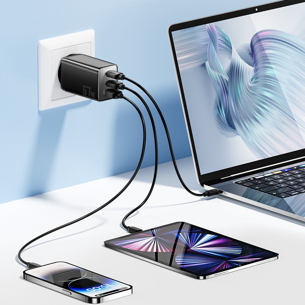 67W GaN 3-Port USB PD Charger: 2USB-C+USB-A Fast Charging Adapter for iPhone, Xiaomi, Hui, Samsung