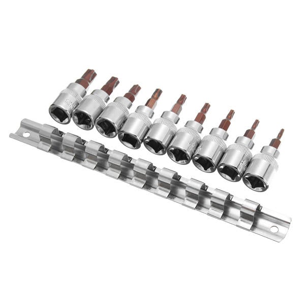 9Pcs 3/8 Inch Drive Sockets Set T10-T50 Five Angle Torx Screwdriver Bits Socket