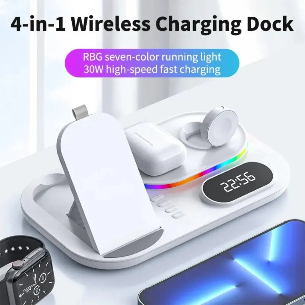 15W 4-in-1 Wireless Charger with Digital Clock & RGB Lights for iPhone, Samsung, Hui, Xiaomi, AirPods, Apple Watch