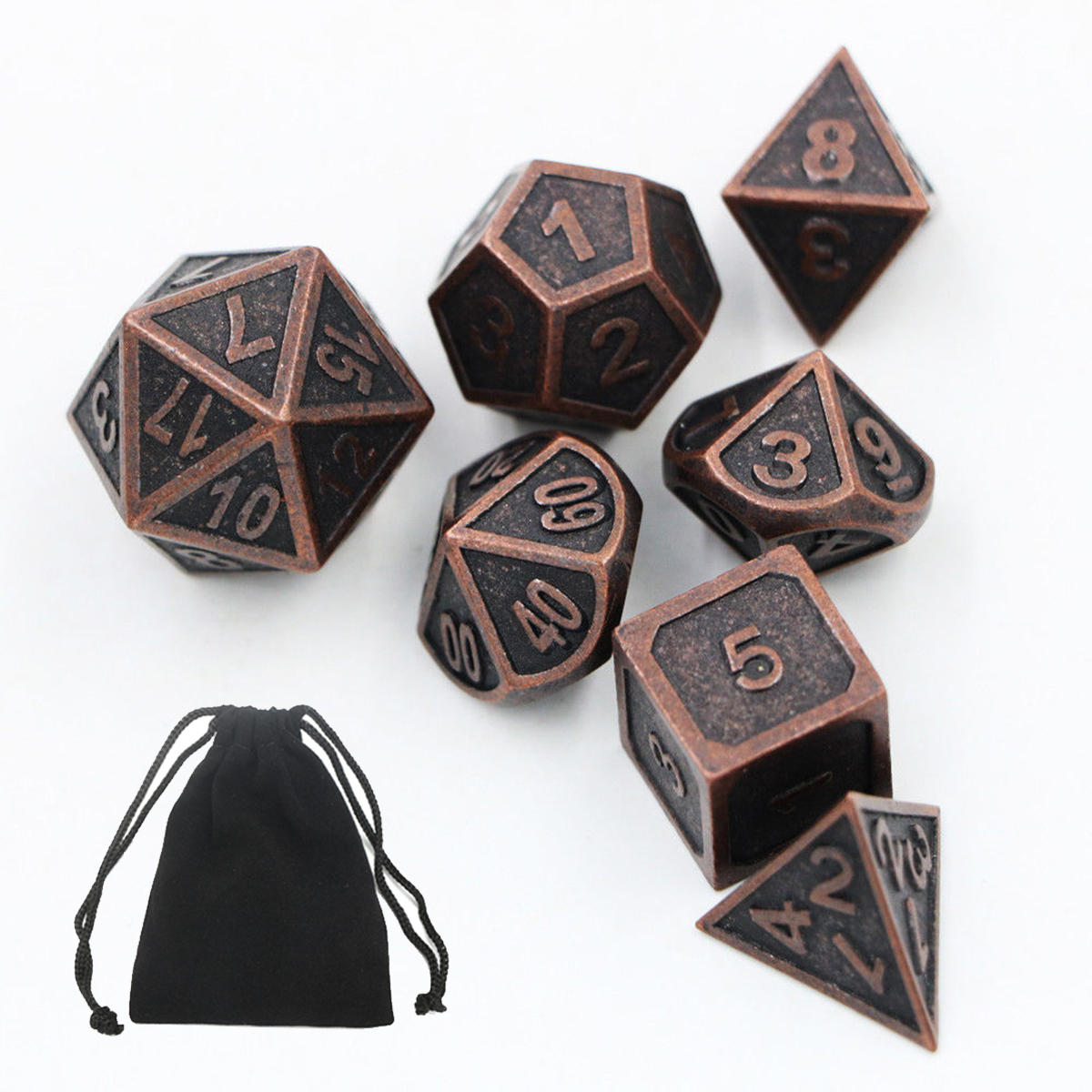 ECUBEE Solid Metal Polyhedral Dice Antique Color Role Playing RPG Gadget 7 Dice Set With Bag