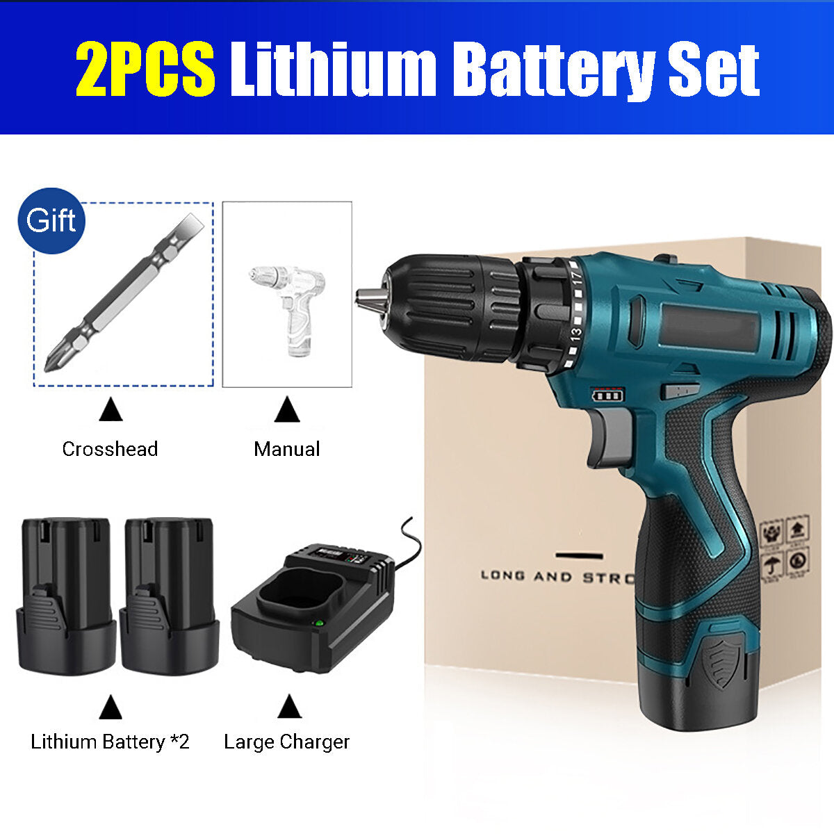 16.8V 3/8" Impact Drill 1350rpm 2 Speeds LED Cordless Drill Driver Kit w/ Li-Ion Battery & Charger