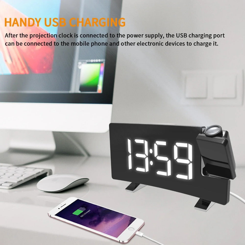 8" Projection Alarm Clock: 180° Projector, FM Radio, USB Charger, Adjustable Brightness, LED Display - for Bedroom/Living Room