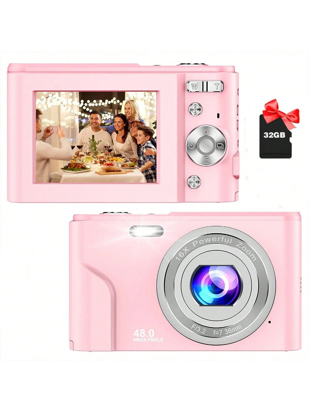 Kids Digital Camera, 1080P 48MP with 32GB SD Card, 2.4 Inch Screen, 16X Zoom, Compact Mini