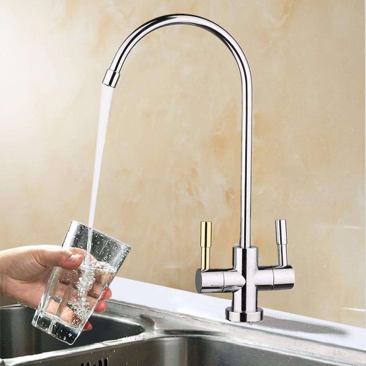 1/4'' Double Holes Chrome RO Reverse Osmosis Kitchen Sink Drinking Water Filter Neck Faucet