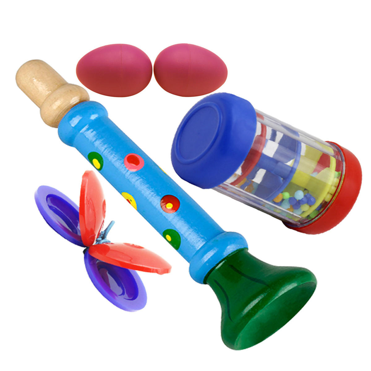 4-piece Set Orff Musical Instruments Sand Eggs/Rain Ring/Small Horn/Plastic Castanets for Children