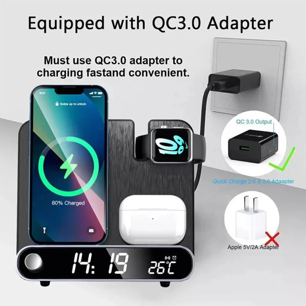 15W 3-in-1 Wireless Charger with Alarm Clock for iPhone, Samsung, Hui, AirPods, iWatch