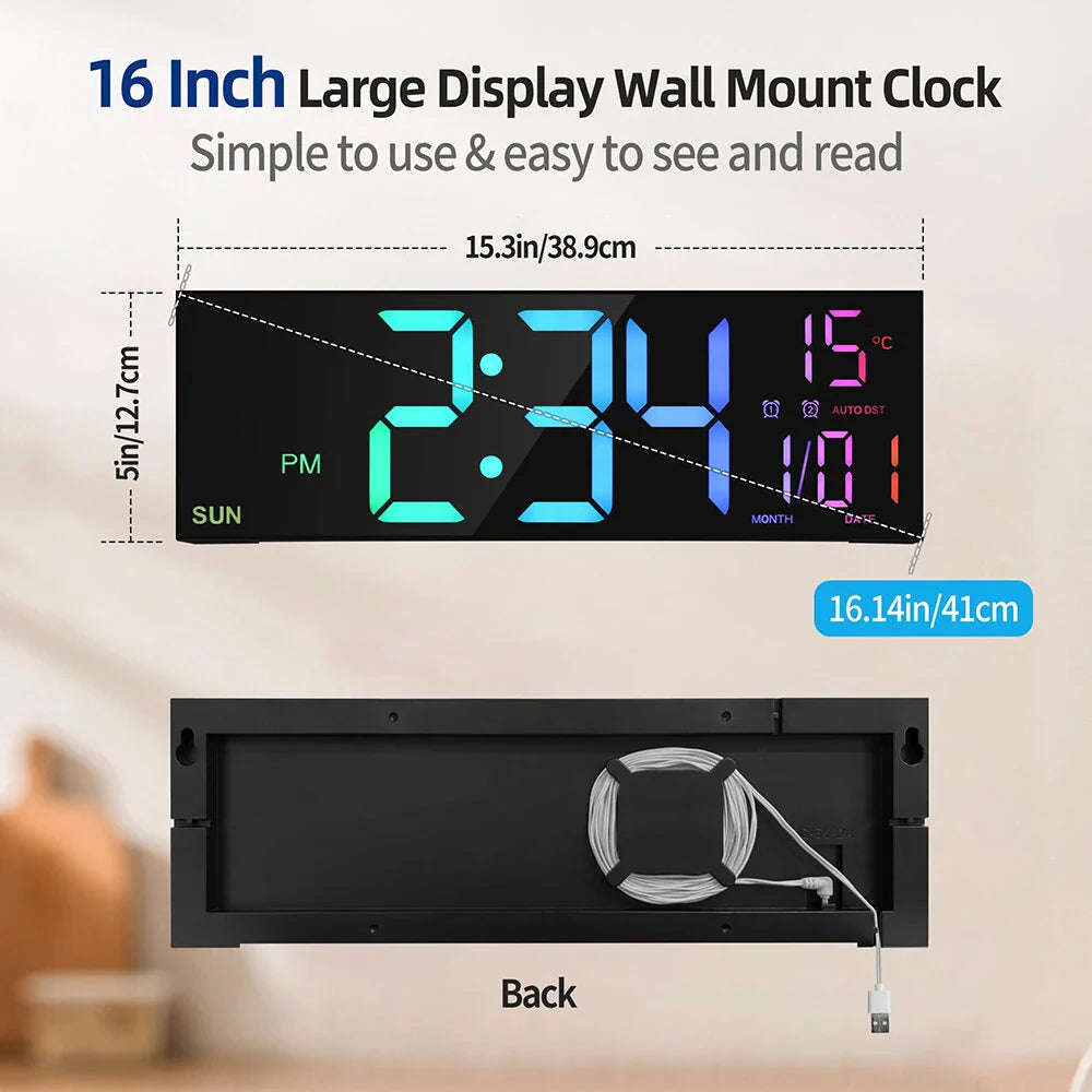 16" LED Digital Wall Clock with Remote, RGB Display, Auto Brightness, Date, Temperature - Ideal for Living Room, Bedroom, Office Decor