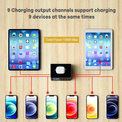 100W 8-Port USB Charger Station with Wireless Charging & Digital Display QC3.0 PD3.0 for iPhone 14/13 Xiaomi