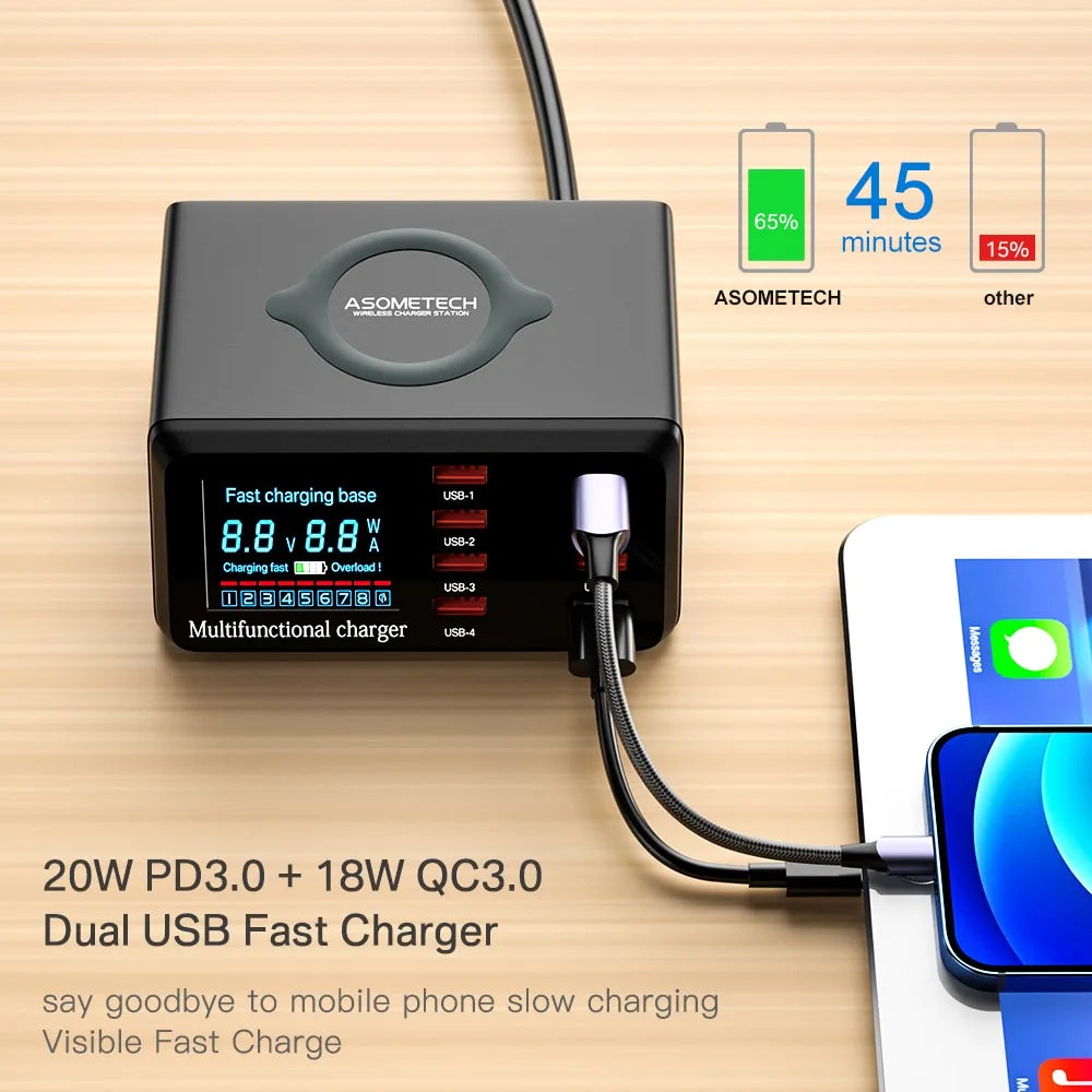 100W 8-Port USB Charger Station with Wireless Charging & Digital Display QC3.0 PD3.0 for iPhone 14/13 Xiaomi