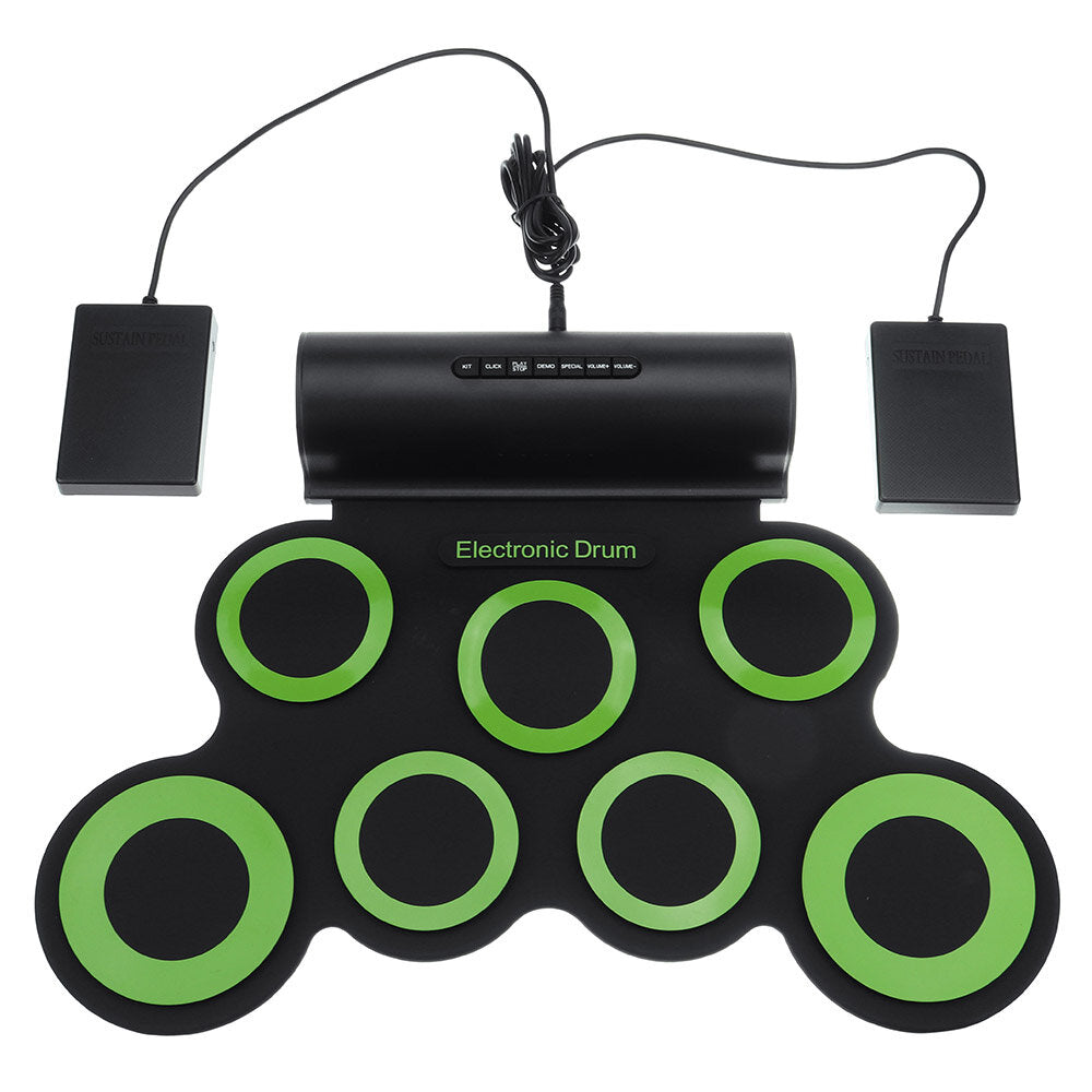 Portable Electronic Digital USB 7 Pads Roll up Set Silicone Green Electric Drum Kit with Drumsticks and Sustain Pedal