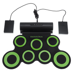 Portable Electronic Digital USB 7 Pads Roll up Set Silicone Green Electric Drum Kit with Drumsticks and Sustain Pedal