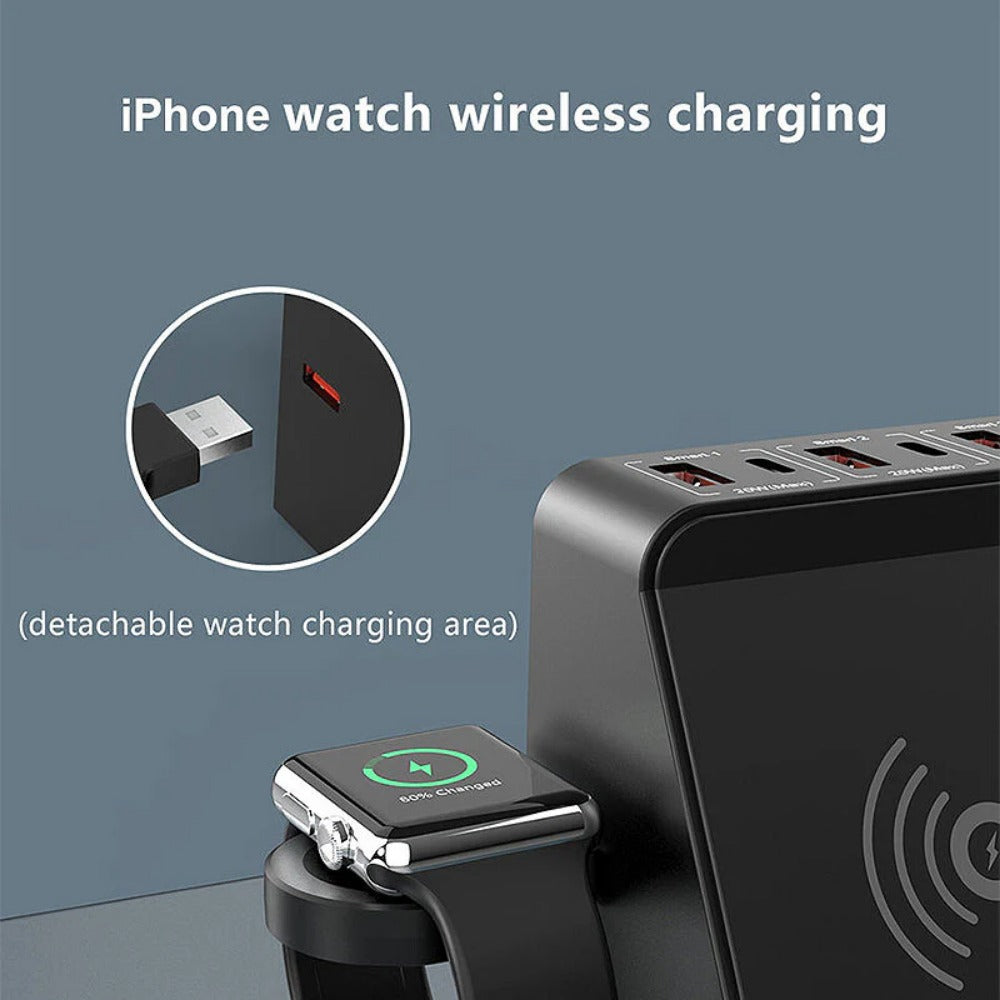 Fast Wireless Charger Pad 15W/10W/7.5W/5W with 6-Port PD20W USB-C & QC3.0 for iPhone, Samsung, Hui, Xiaomi