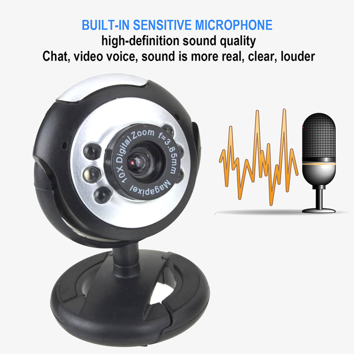 USB Computer Video Camera 6 LED Lights 30W Webcast Webcam Video Conference Camera Built-in Microphone,720P