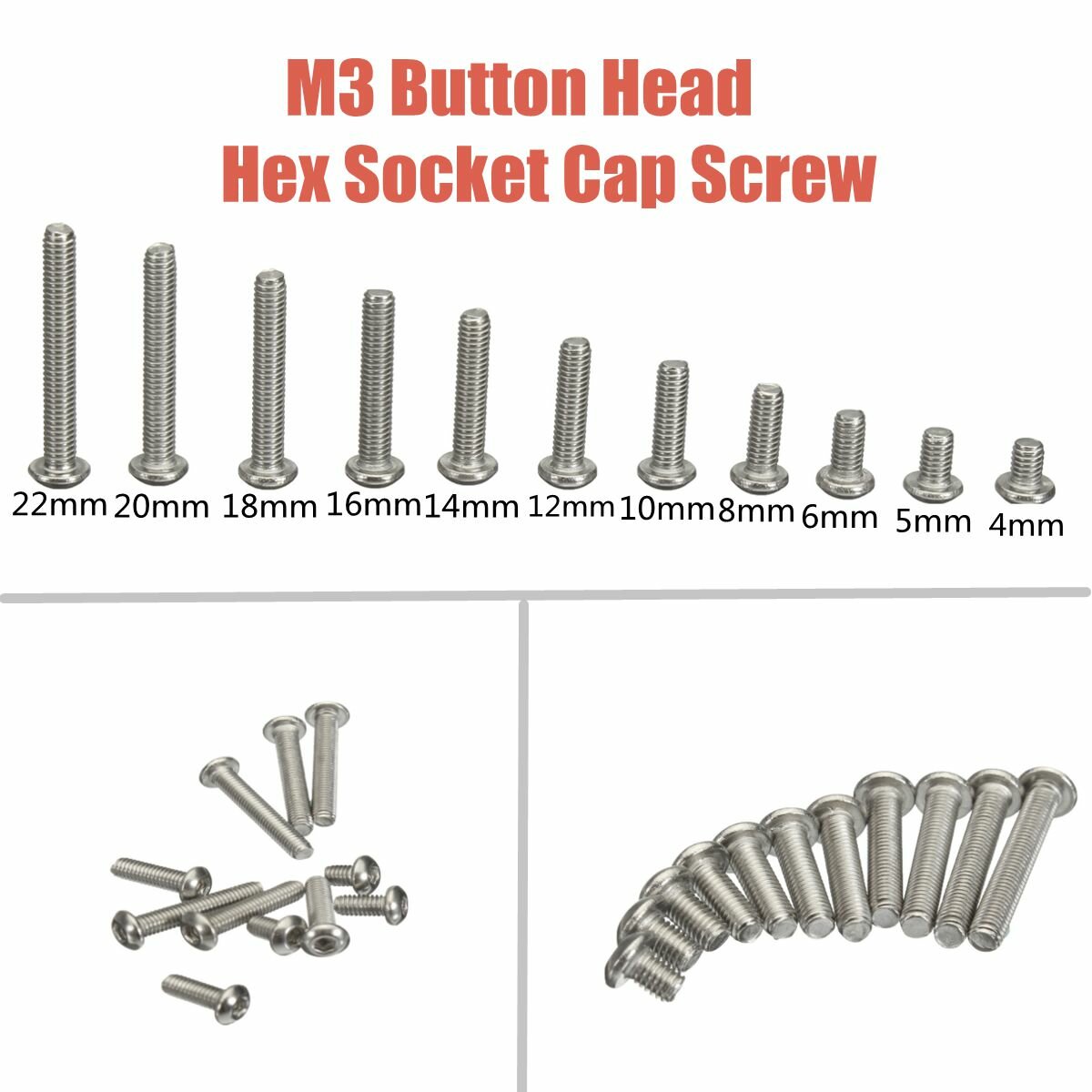 M3SS4 100Pcs Metric M3 304 Stainless Steel A2 Button Head Hex Socket Cap Screw Bolt