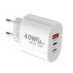 40W 3-Port USB PD Charger, Dual USB-C+USB-A, Fast Charging Adapter for iPhone, Samsung, Hui