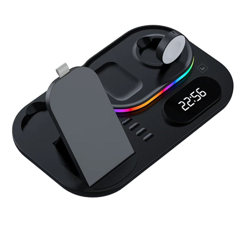 15W 4-in-1 Wireless Charger with Digital Clock & RGB Lights for iPhone, Samsung, Hui, Xiaomi, AirPods, Apple Watch