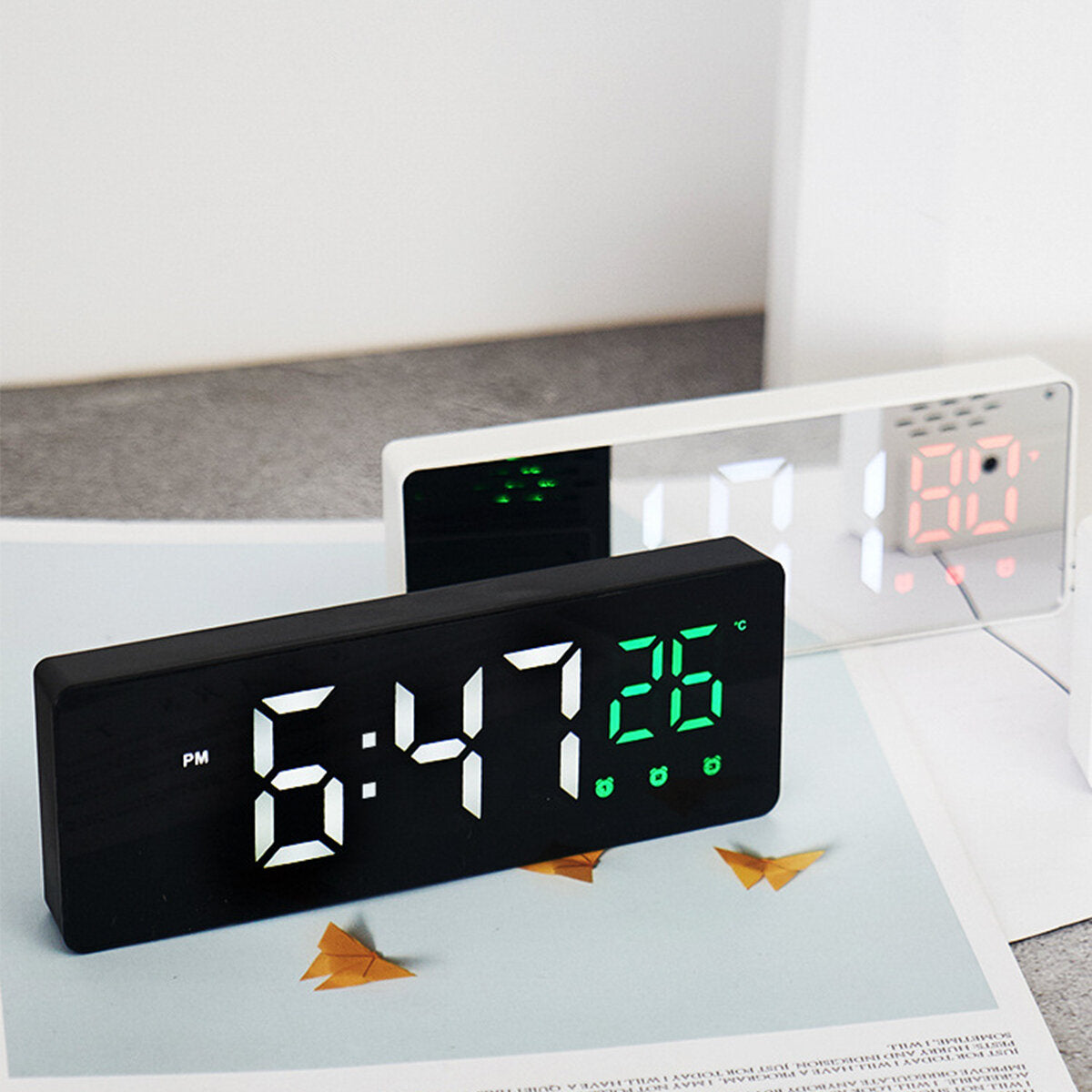 Mirror Alarm Clock LED Digital Voice Control Snooze Time Temperature Display Alarm Clock